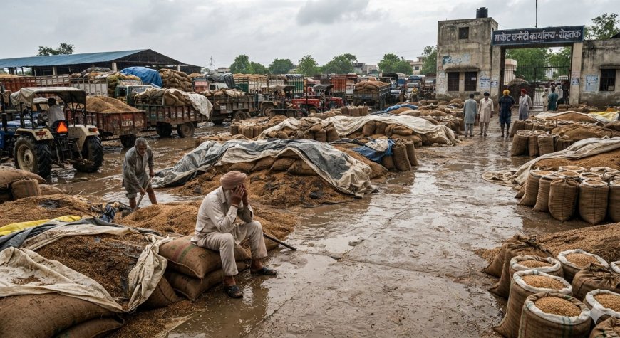 रोहतक मंडी  में भीगी धान व बाजरे की फसल, एमएसपी से कम दाम पर बेचने को मजबूर किसान