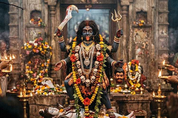 नवरात्रि के सातवें दिन माँ कालरात्रि की पूजा, भक्तों ने सुरक्षा और साहस की कामना की।